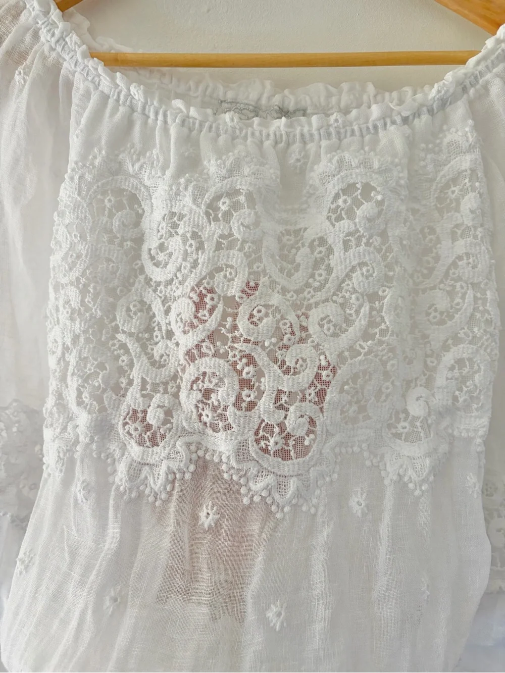 Temptations‎ Positano White Linen Off The Shoulder Crochet Lace Boho Peasant Top
